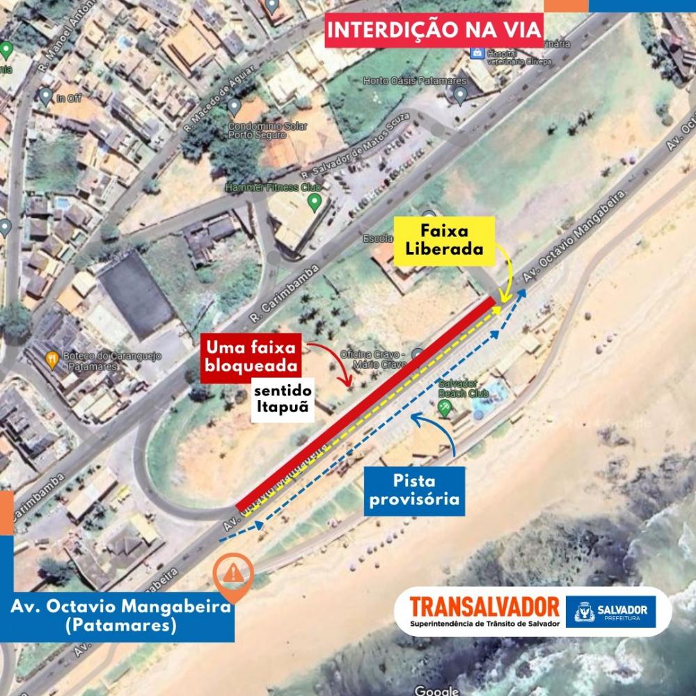 Trânsito será parcialmente bloqueado em trecho da Avenida Octávio Mangabeira, em Patamares